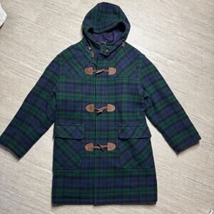 VTG LL Bean Men’s M Duffle Coat Black Watch Plaid Wool Hooded Toggle Jacket USA